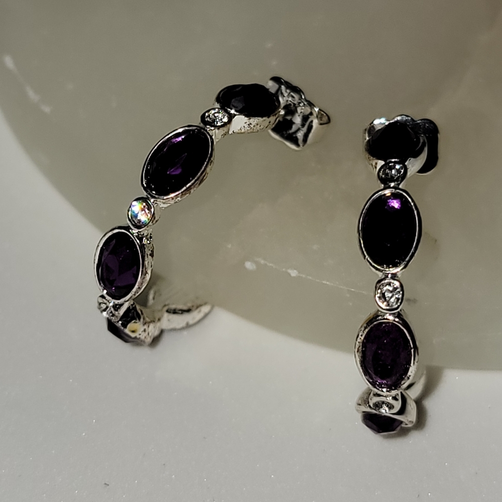 Avon Birthstone-Color Hoop Earrings February Amethyst Silver Tone Rhinestone - Picture 9 of 16